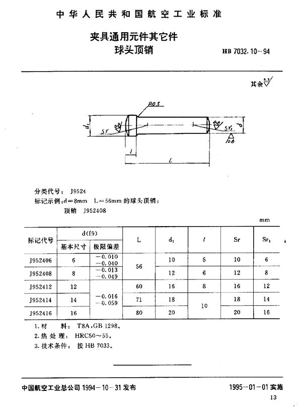 夹具通用元件其它件 球头顶销 (HB 7032.10-1994)