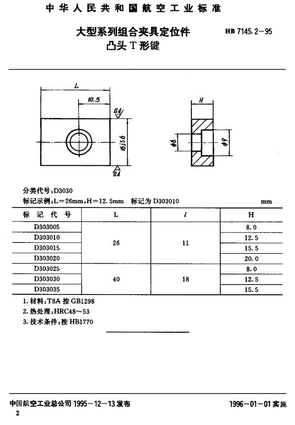 大型系列组合夹具定位件 凸头T形键 (HB 7145.2-1995)