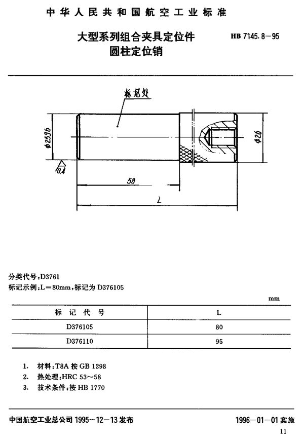 大型系列组合夹具定位件 圆柱定位销 (HB 7145.8-1995)