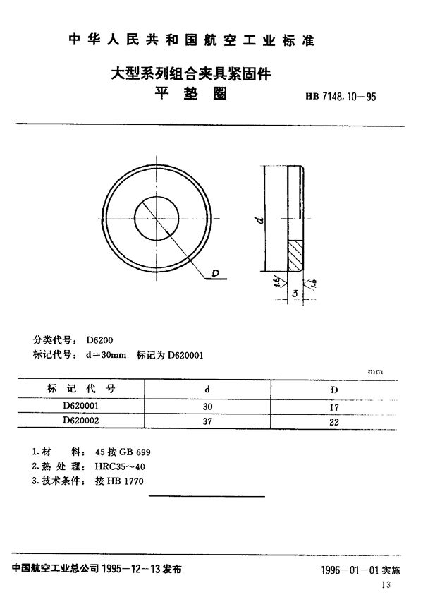 大型系列组合夹具紧固件 平垫圈 (HB 7148.10-1995)