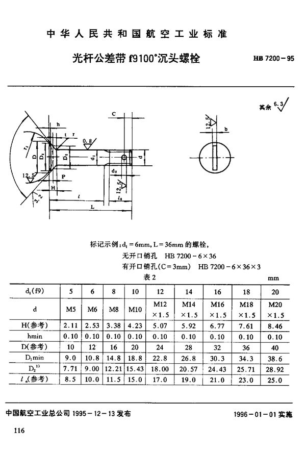 光杆公差带f9100°沉头螺栓 (HB 7200-1995)