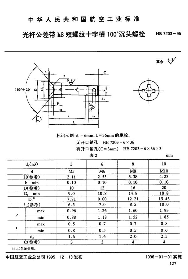 光杆公差带h8短螺纹十字槽100°沉头螺栓 (HB 7203-1995)