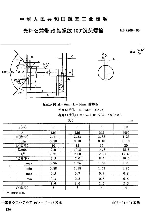 光杆公差带r6短螺纹100°沉头螺栓 (HB 7206-1995)