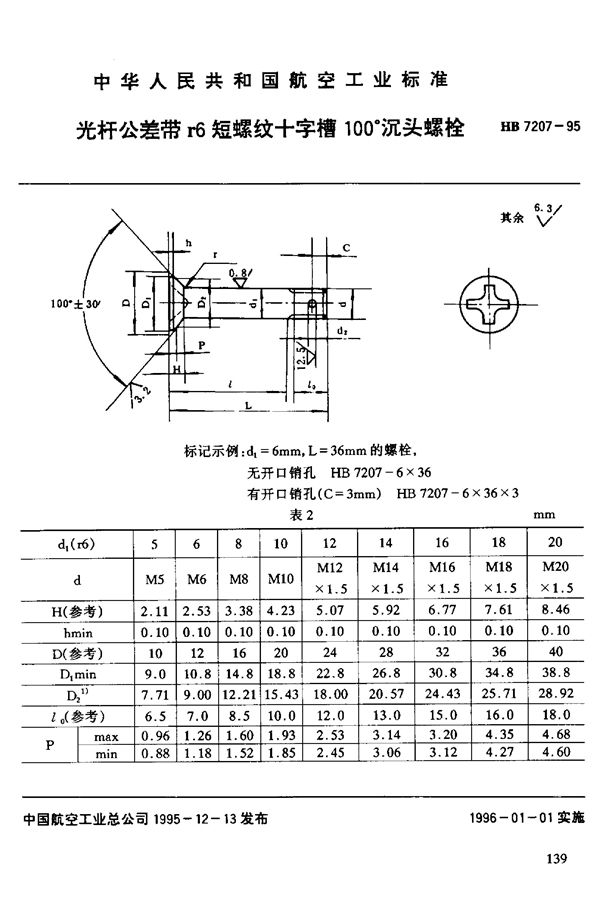 光杆公差带r6短螺纹十字槽100°沉头螺栓 (HB 7207-1995)