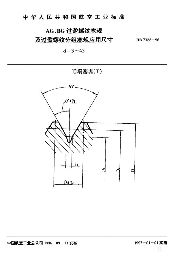 AG、BG过盈螺纹塞规及过盈螺纹分组塞规应用尺寸 (HB 7322-1996)