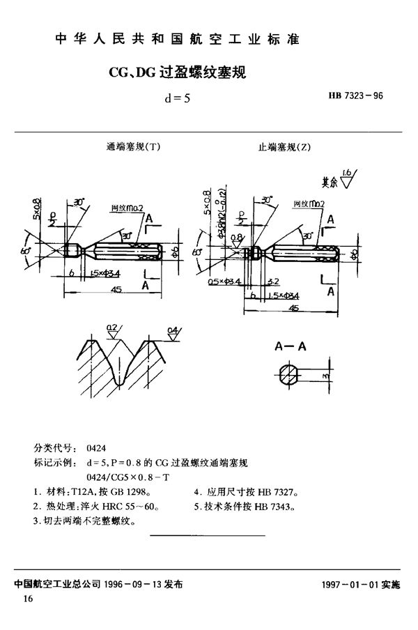 CG、DG过盈螺纹塞规d=5 (HB 7323-1996)