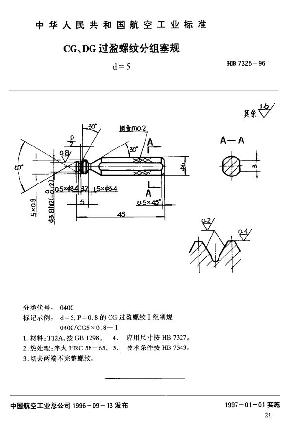 CG、DG过盈螺纹分组塞规d=5 (HB 7325-1996)