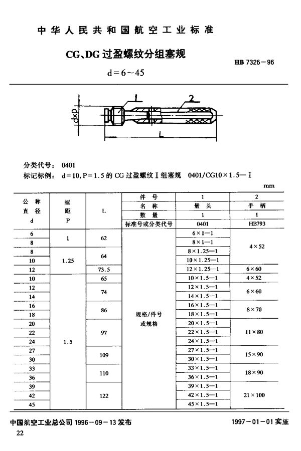 CG、DG过盈螺纹分组塞规d=6~45 (HB 7326-1996)