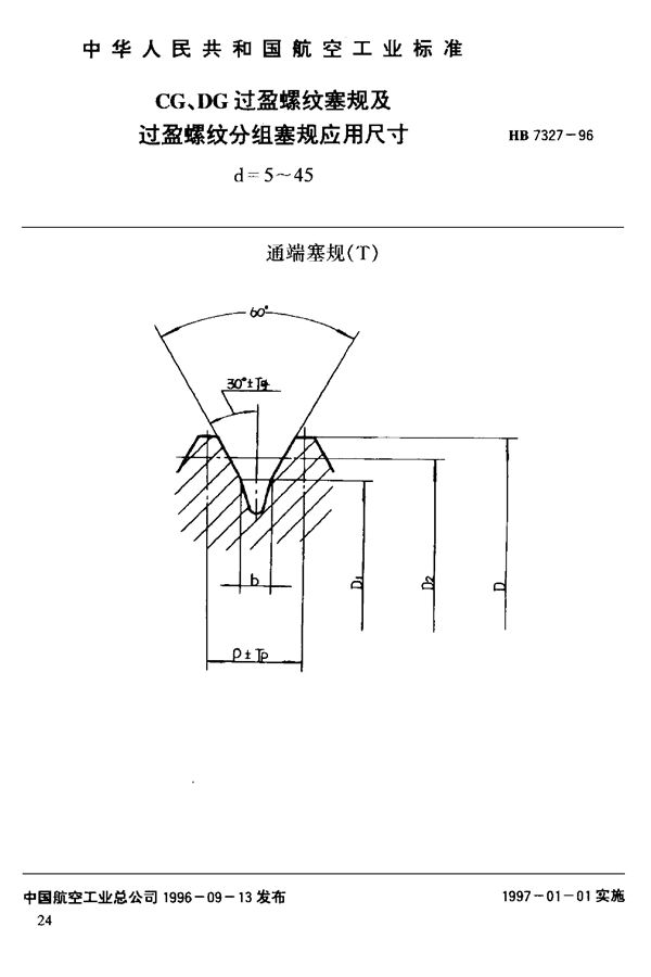 CG、DG过盈螺纹塞规及过盈螺纹分组塞规应用尺寸 (HB 7327-1996)