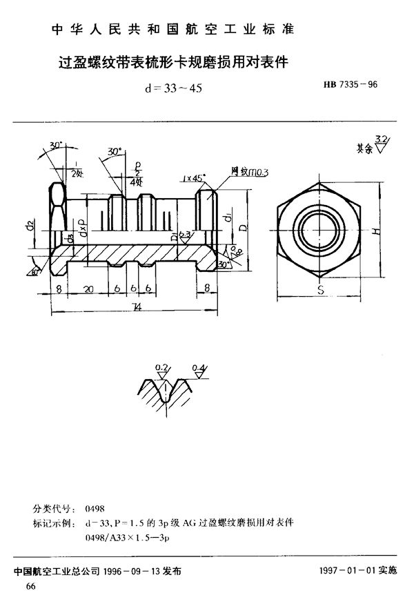 过盈螺纹带表梳形卡规 磨损用对表件 (HB 7335-1996)