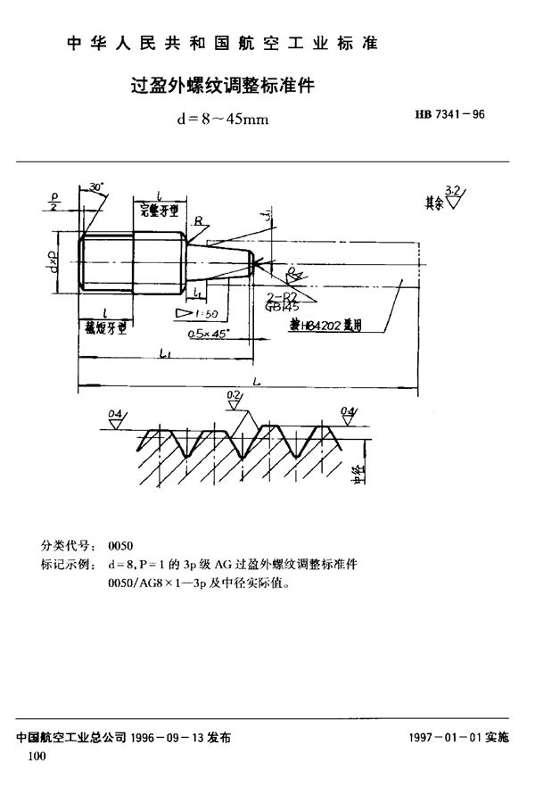 过盈外螺纹调整标准件 d＝8～45 (HB 7341-1996)