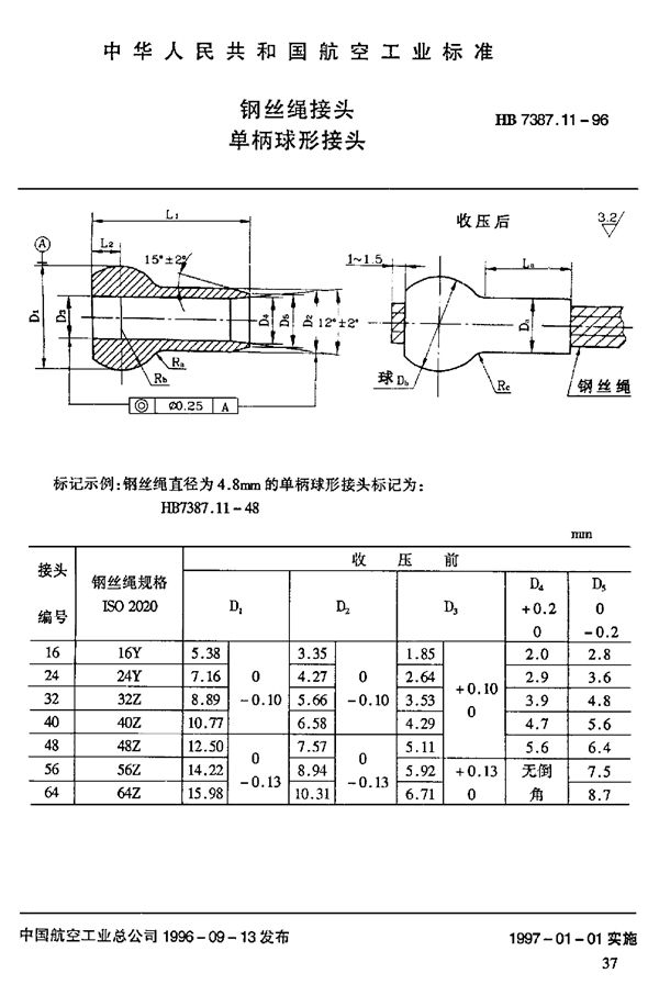 钢丝绳接头 单柄球形接头 (HB 7387.11-1996)