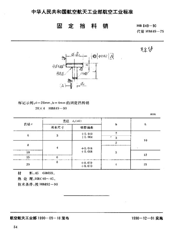 固定挡料销 (HB 849-1990)