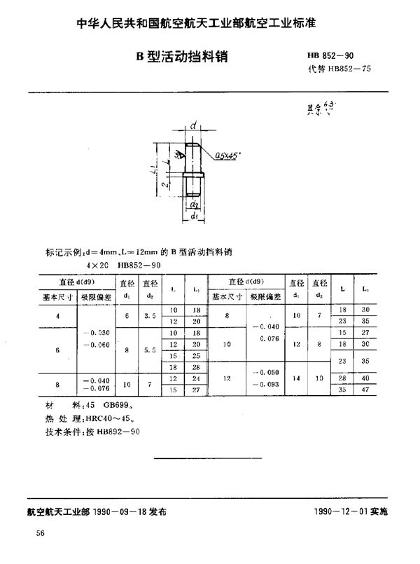 B型活动挡料销 (HB 852-1990)