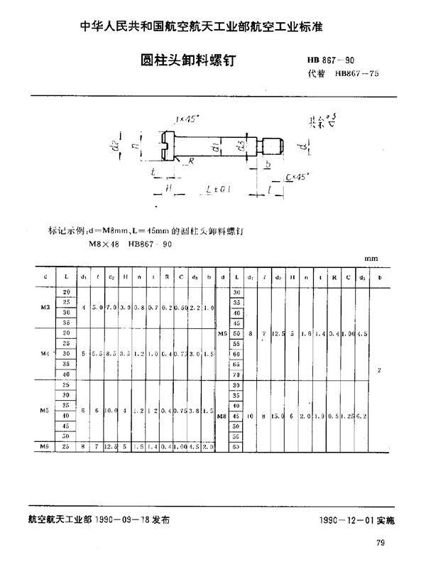 圆柱头卸料螺钉 (HB 867-1990)