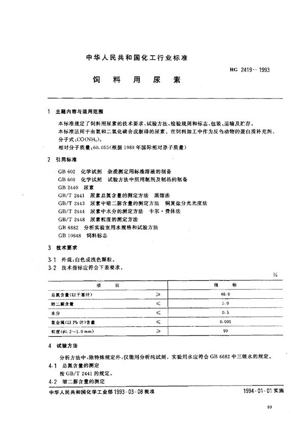 饲料用尿素 (HG 2419-1993）