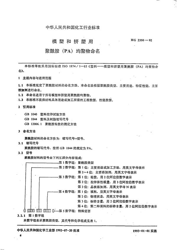 模塑和挤塑用聚酰胺（PA）均聚物命名 (HG/T 2350-1992)