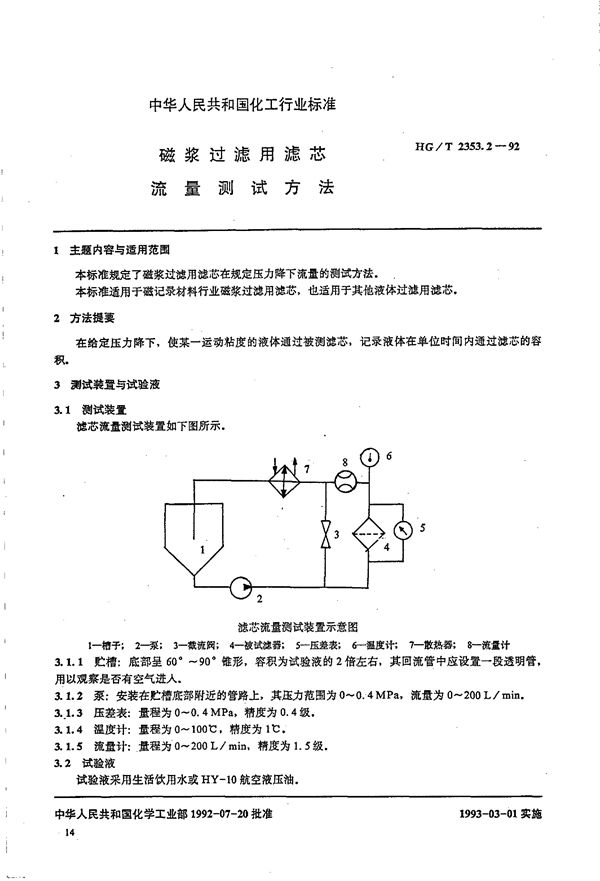 磁浆过滤用滤芯 流量测试方法 (HG/T 2353.2-1992)