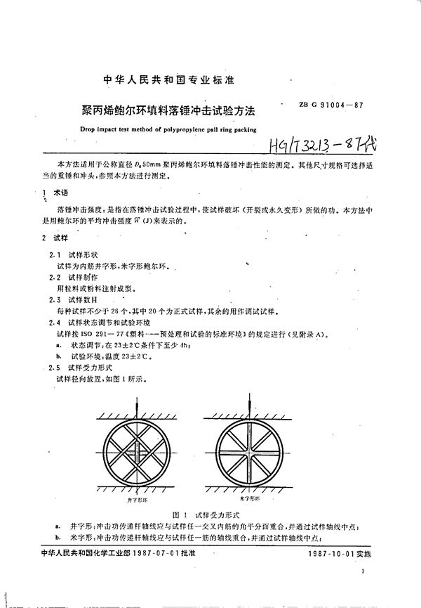 聚丙烯鲍尔环填料落锤冲击试验方法 (HG/T 3213-1987)