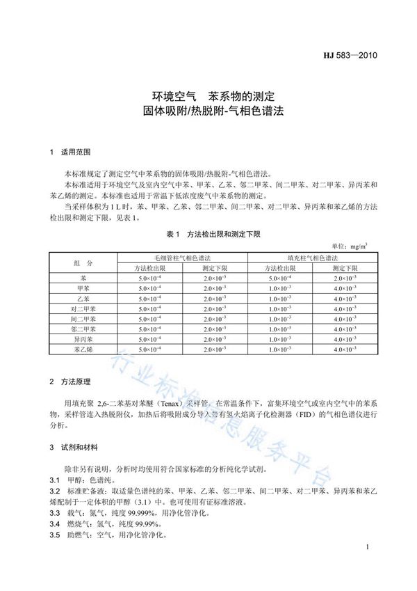 环境空气 苯系物的测定　固体吸附/热脱附-气相色谱法 (HJ 583-2010)