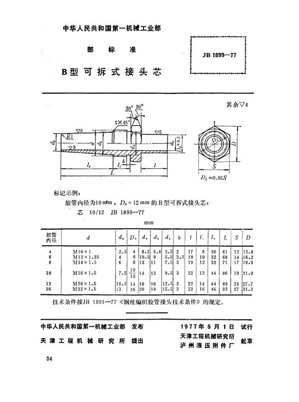 b型可拆式接头芯 (JB 1899-1977)