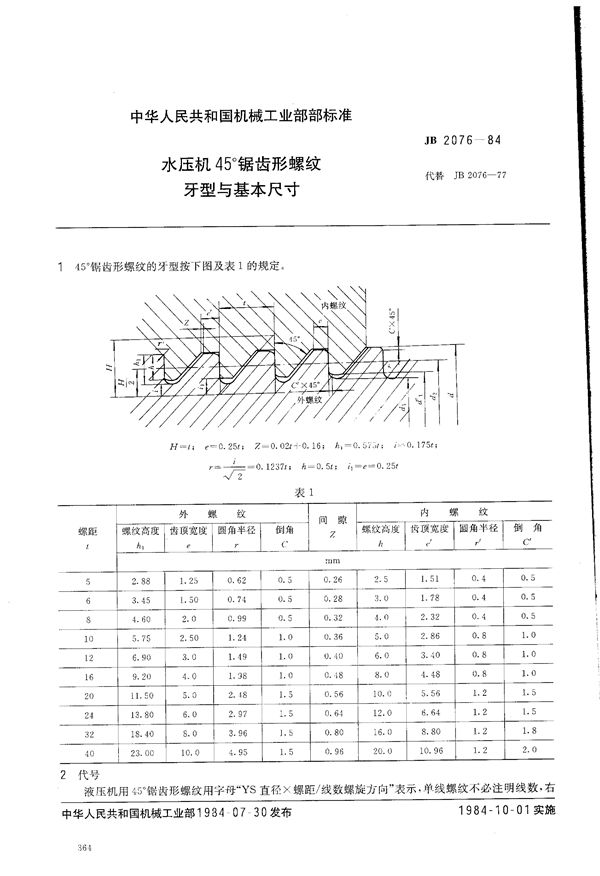 水压机 45°锯齿形螺纹牙形与基本尺寸 (JB 2076-1984)