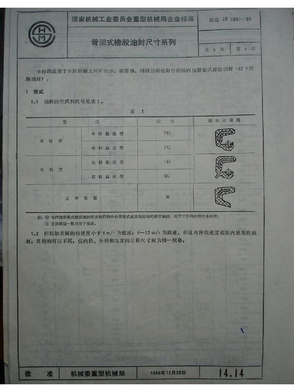 骨架式橡胶油封尺寸系列 (JB 2600-1980)