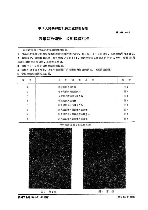 汽车钢板弹簧金相检验标准 (JB 3782-1984)