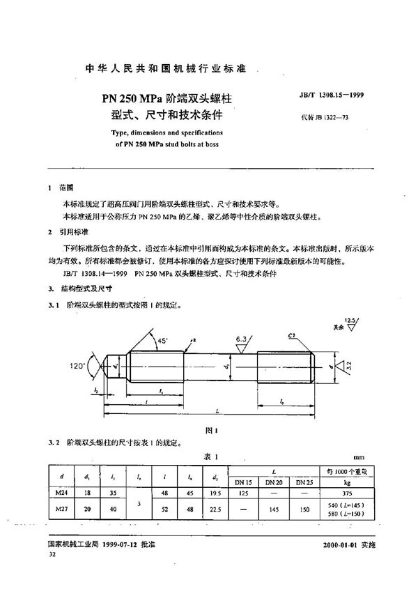 PN250MPa阶端双头螺柱型式、尺寸和技术条件 (JB/T 1308.15-1999）