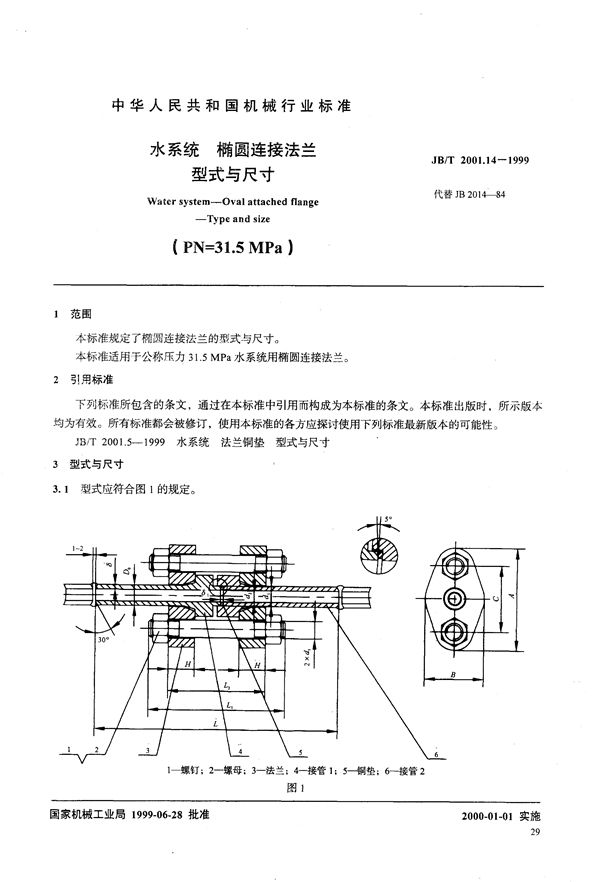 水系统 椭圆连接法兰 型式与尺寸(PN=31.5MPa) (JB/T 2001.14-1999）