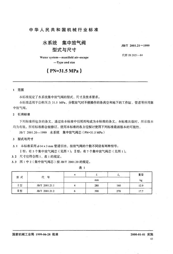 水系统 集中放气阀 型式与尺寸(PN=31.5MPa) (JB/T 2001.21-1999）