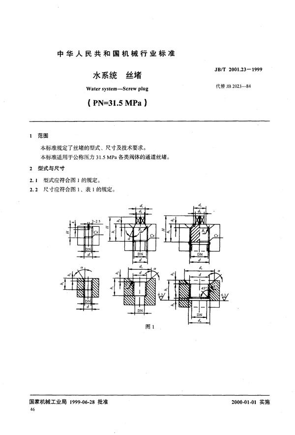 水系统 丝堵(PN=31.5MPa) (JB/T 2001.23-1999）