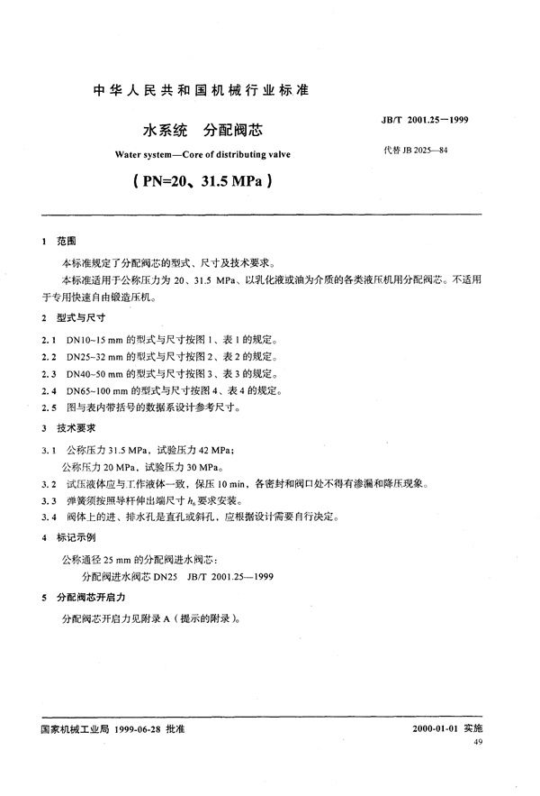 水系统 分配阀芯(PN=20～31.5MPa) (JB/T 2001.25-1999）