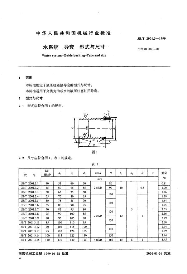 水系统 导套 型式与尺寸 (JB/T 2001.3-1999）