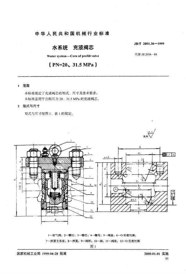 水系统 充液阀芯(PN=20～31.5MPa) (JB/T 2001.36-1999）