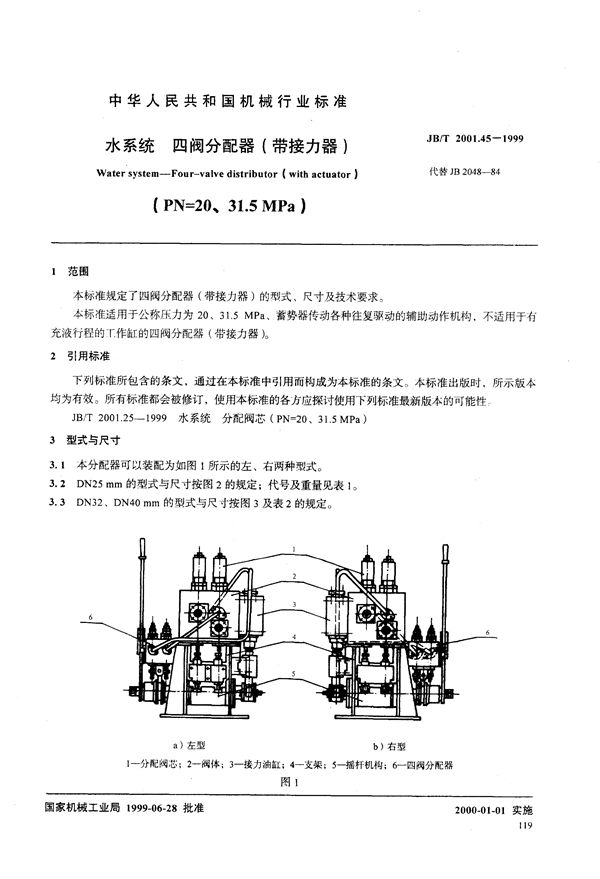 水系统 四阀分配器(带接力器)(PN=20～31.5MPa) (JB/T 2001.45-1999）