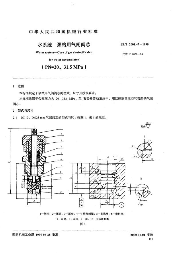 水系统 泵站用气闸阀芯(PN=20～31.5MPa) (JB/T 2001.47-1999）