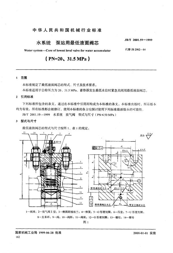 水系统 泵站用最低液面阀芯(PN=20～31.5MPa) (JB/T 2001.59-1999）