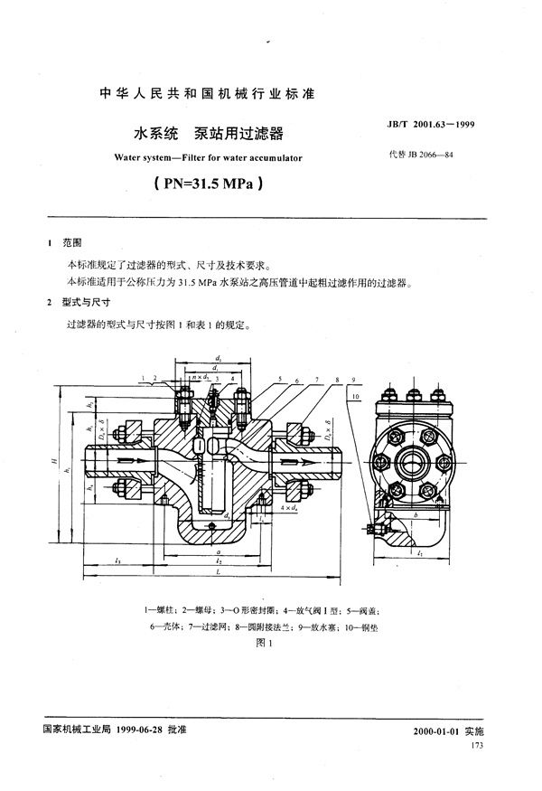 水系统 泵站用过滤器(PN=31.5MPa) (JB/T 2001.63-1999）