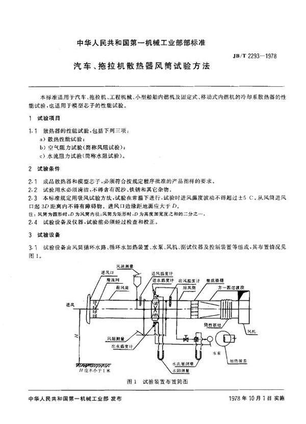 汽车拖拉机用散热器风洞试验方法 (JB/T 2293-1978)