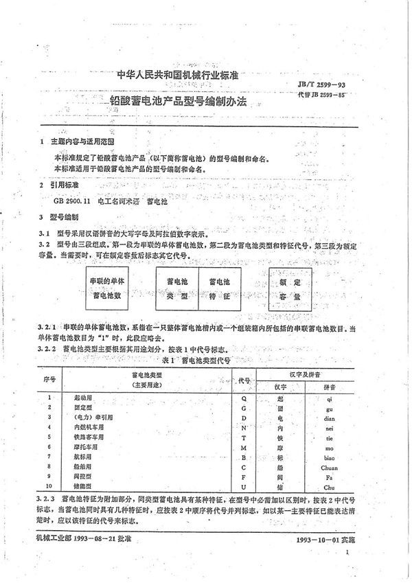 铅酸蓄电池产品型号编制办法 (JB/T 2599-1993）