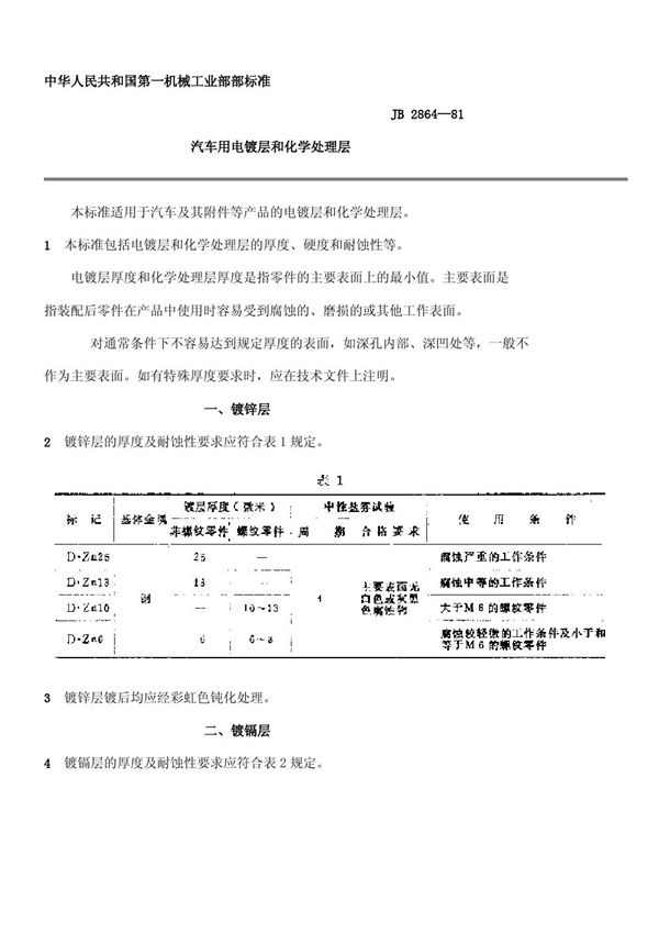 汽车用电镀层和化学处理层 (JB/T 2864-1981)