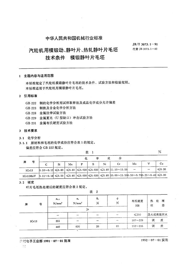 汽轮机用模锻动、静叶片、热轧静叶片毛坯技术条件 模锻静叶片毛坯 (JB/T 3073.1-1991）