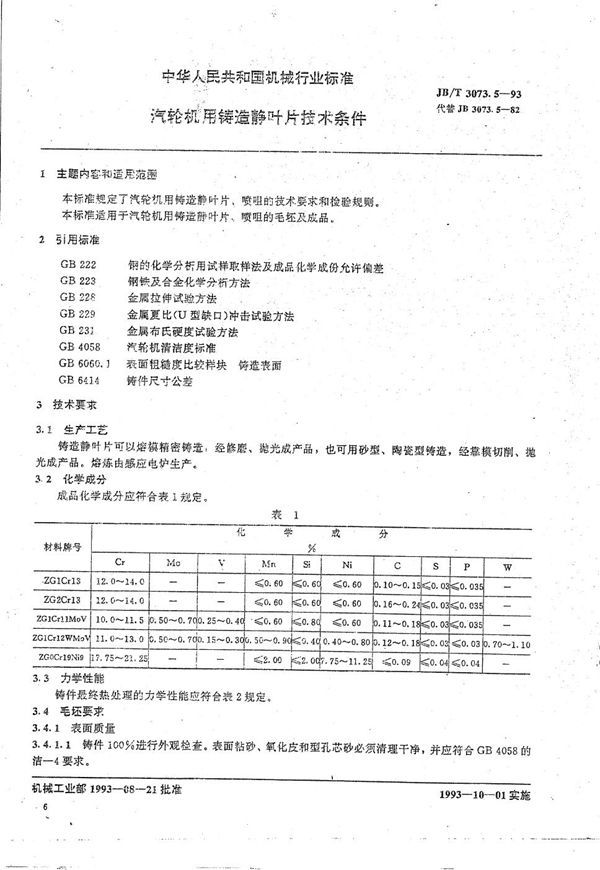 汽轮机用铸造静叶片技术条件 (JB/T 3073.5-1993）