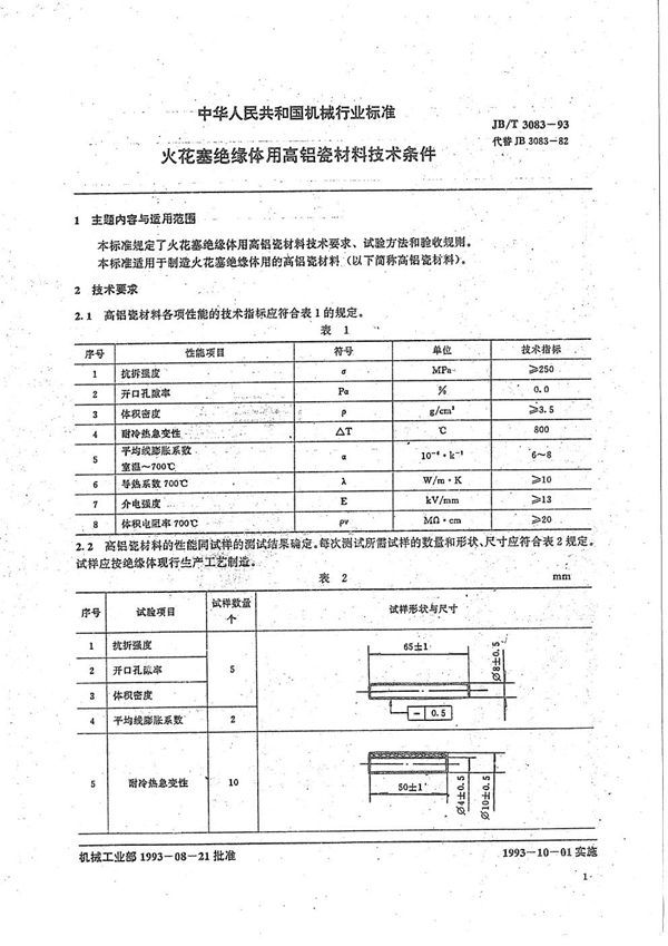 火花塞绝缘体用高铝瓷材料技术条件 (JB/T 3083-1993）