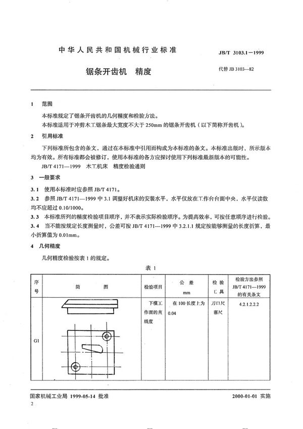 锯条开齿机  精度 (JB/T 3103.1-1999）