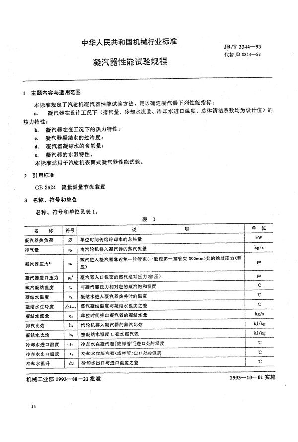 凝汽器性能试验规程 (JB/T 3344-1993）