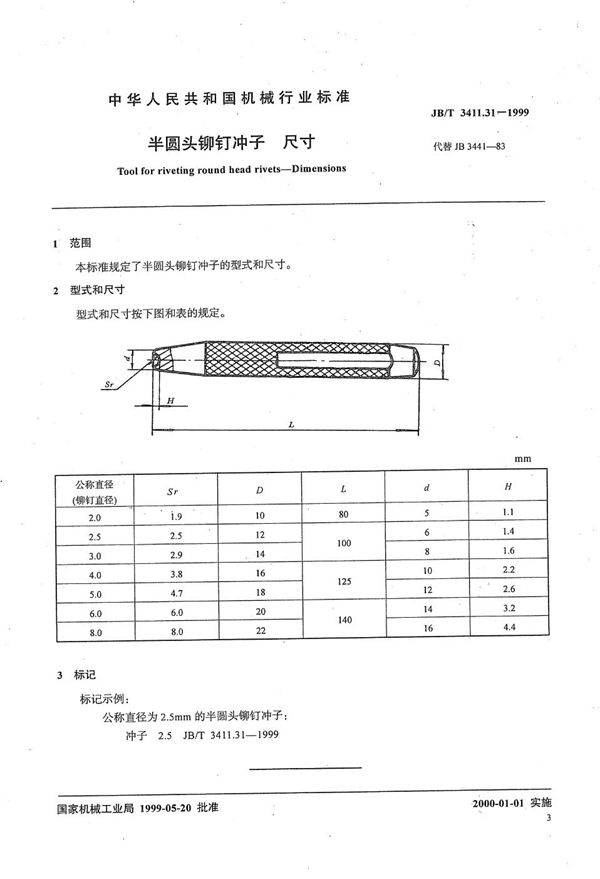 半圆头铆钉冲子 尺寸 (JB/T 3411.31-1999）