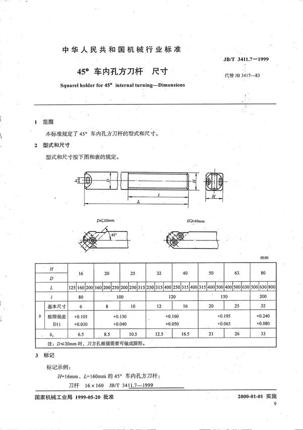 45°车内孔方刀杆 尺寸 (JB/T 3411.7-1999）