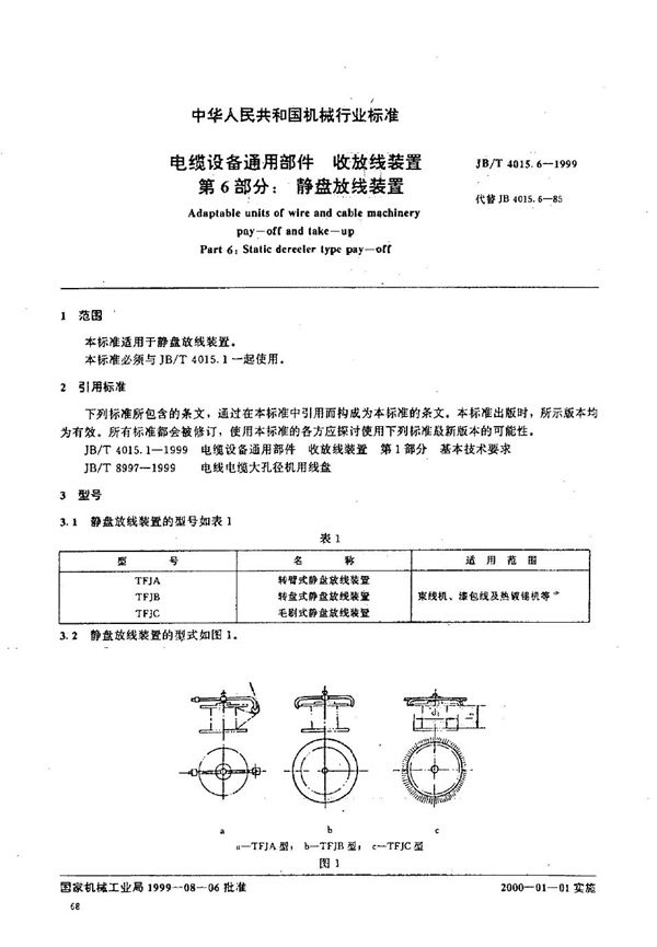 电缆设备通用部件  收放线装置  第6部分：静盘放线装置 (JB/T 4015.6-1999）